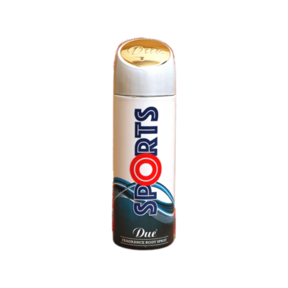 DUE SPORTS Fragrance Body Spray şüşəsi, təzə və uzun müddətli ətir effekti ilə təsvir edilən məhsulun şəkli Дезодорант SPORTS Fragrance Body Spray, изображение с освежающим и длительным ароматом