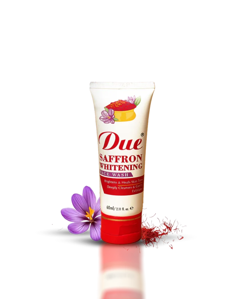 Due Saffron Whitening Face Wash, 60 ml, zəfəran ilə hazırlanmış üz yuyucu. Dərini təmizləyir, ağardır və təravətli saxlayır. Təbii ağartma və sağaldıcı xüsusiyyətlərə malikdir.