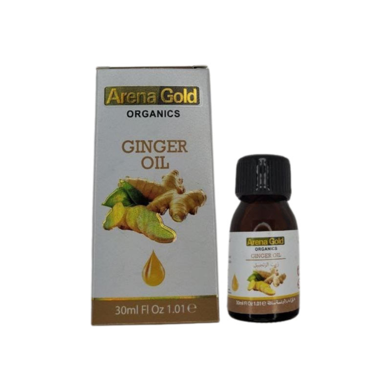 Arena Gold Ginger Oil qablaşdırması, məhsulun təbii zəncəfil tərkibini və saç tökülməsini azaldaraq, dərini gücləndirmə və masaj zamanı qan dövranını sürətləndirmə faydalarını vurğulayan dizayn. Yağ şüşəsi və qutusu təbii və sağlam təsir göstərən yaşıl və qəhvəyi rənglər ilə göstərilir.