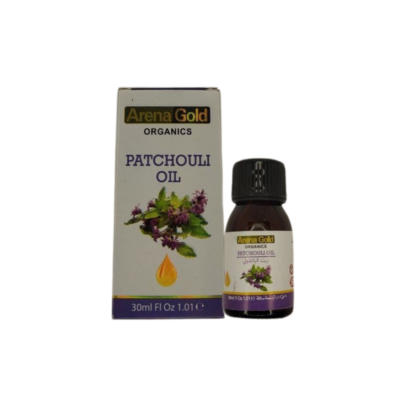 Arena Gold Organics Patchouli Oil şüşəsi və qabı, sızanaqlara qarşı, saç tökülməsinin qarşısını alacaq və dərinin yağ balansını qoruyacaq məhsulun şəkli Флакон и упаковка масла пачули Arena Gold Organics, продукт для ухода за кожей и волосами, предотвращает акне, перхоть и выпадение волос