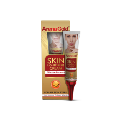 Arena Gold Skin Lightening Cream qablaşdırması, məhsulun dərini işıqlandıran və bərabərləşdirən təsirlərini vurğulayan dizayn. Krem şüşəsi və qutusu, dərini gücləndirən kollagen və vitamin tərkibinə diqqət çəkir.