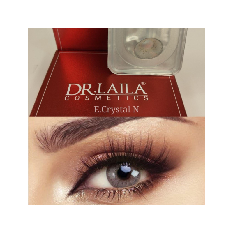 DR.LAILA E.Crystal N kosmetik linza qutusu və şəffaf linza, gözlərin daha parlaq və ifadəli görünməsi üçün təsvir edilən şəkil Косметические линзы DR.LAILA E.Crystal N в упаковке, изображение линзы, придающей глазам выражение и яркость