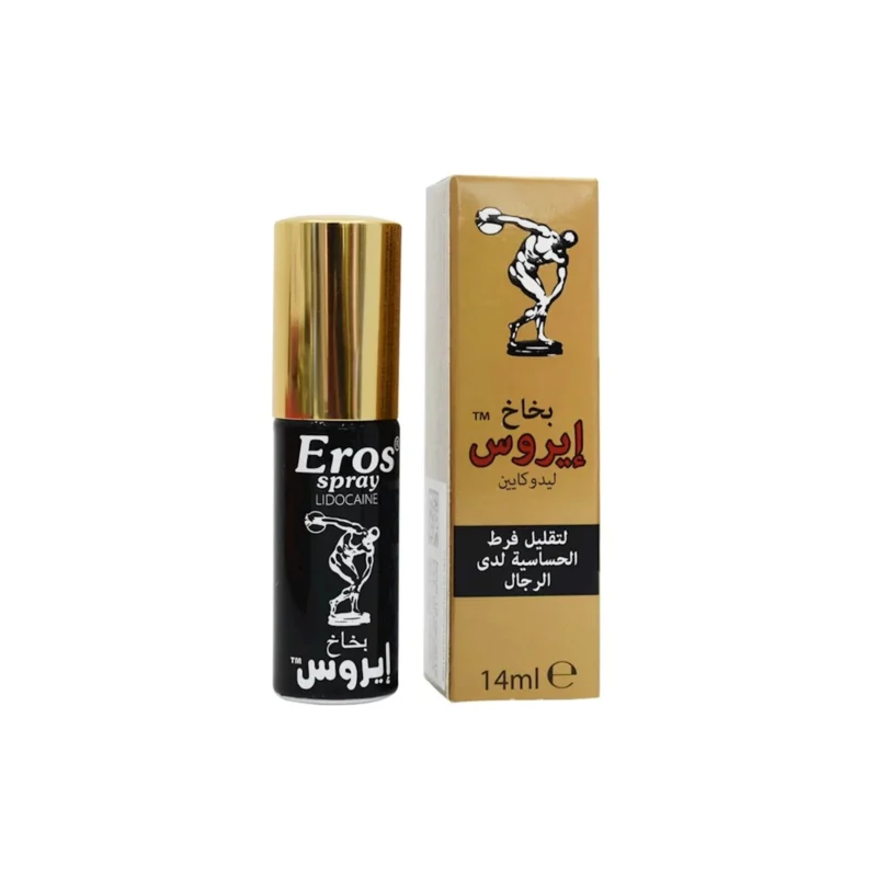 Eros Spray Lidocaine qablaşdırması, kişilər üçün həssaslığı azaldan və cinsi əlaqə zamanı daha uzun davamlılıq təmin edən sprey dizaynını göstərir. Lidocaine ilə zənginləşdirilmiş bu məhsul, rahatlıq və nəzarət təmin edir Упаковка спрея Eros Spray Lidocaine, показывающая его действие по снижению чувствительности и обеспечению более продолжительного полового акта. Спрей с лидокаином обеспечивает комфорт и контроль
