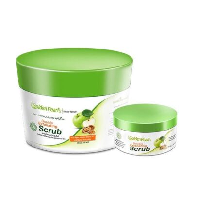 Golden Pearls Double Exfoliating Scrub böyük və kiçik qabda, dərinin təmizlənməsi və nəmləndirilməsi üçün təsvir edilən məhsul Скраб Golden Pearls Double Exfoliating в большой и малой упаковке, изображение продукта для глубокого очищения и увлажнения кожи.