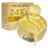 Guan Jing 24K Pure Collagen Eye Mask qablaşdırması, göz ətrafı dərisini canlandıran və qırışları azaldan kollagen maskasının zərif dizaynını göstərir. 24K qızıl və kollagen tərkibli bu maska göz altı tünd halqaları azaldır və dərini nəmləndirir Упаковка маски Guan Jing 24K Pure Collagen Eye Mask, показывающая её действие по уменьшению морщин и темных кругов вокруг глаз. Маска с 24К золотом и коллагеном увлажняет и восстанавливает кожу