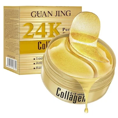 Guan Jing 24K Pure Collagen Eye Mask qablaşdırması, göz ətrafı dərisini canlandıran və qırışları azaldan kollagen maskasının zərif dizaynını göstərir. 24K qızıl və kollagen tərkibli bu maska göz altı tünd halqaları azaldır və dərini nəmləndirir Упаковка маски Guan Jing 24K Pure Collagen Eye Mask, показывающая её действие по уменьшению морщин и темных кругов вокруг глаз. Маска с 24К золотом и коллагеном увлажняет и восстанавливает кожу