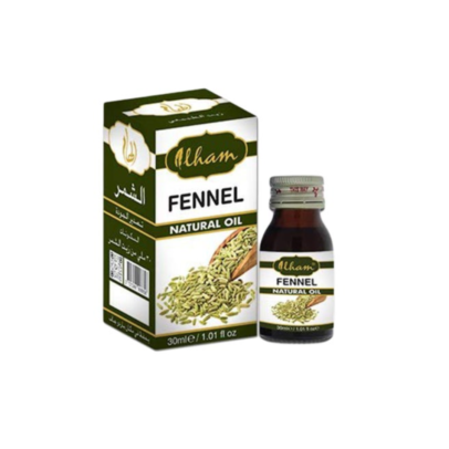 Alham Fennel Natural Oil şüşəsi və qabı, fennel yağı məhsulu, dərini canlandırma və saç baxımı üçün təsvir edilən şəkil Масло фенхеля Alham в упаковке, продукт для ухода за кожей и волосами, изображение с маслом для увлажнения и восстановления кожи