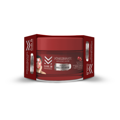 Mark 30 Pomegranate Opulent Glow Sparkling Peel-Off Mask qablaşdırması, maskanın canlandırıcı xüsusiyyətlərini vurğulayan dizayn ilə göstərilir.