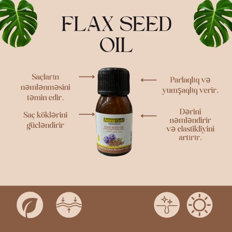 Arena Gold Flax Seed Oil, saçları qidalandıran və dərini nəmləndirən təbii keten toxumu yağı.