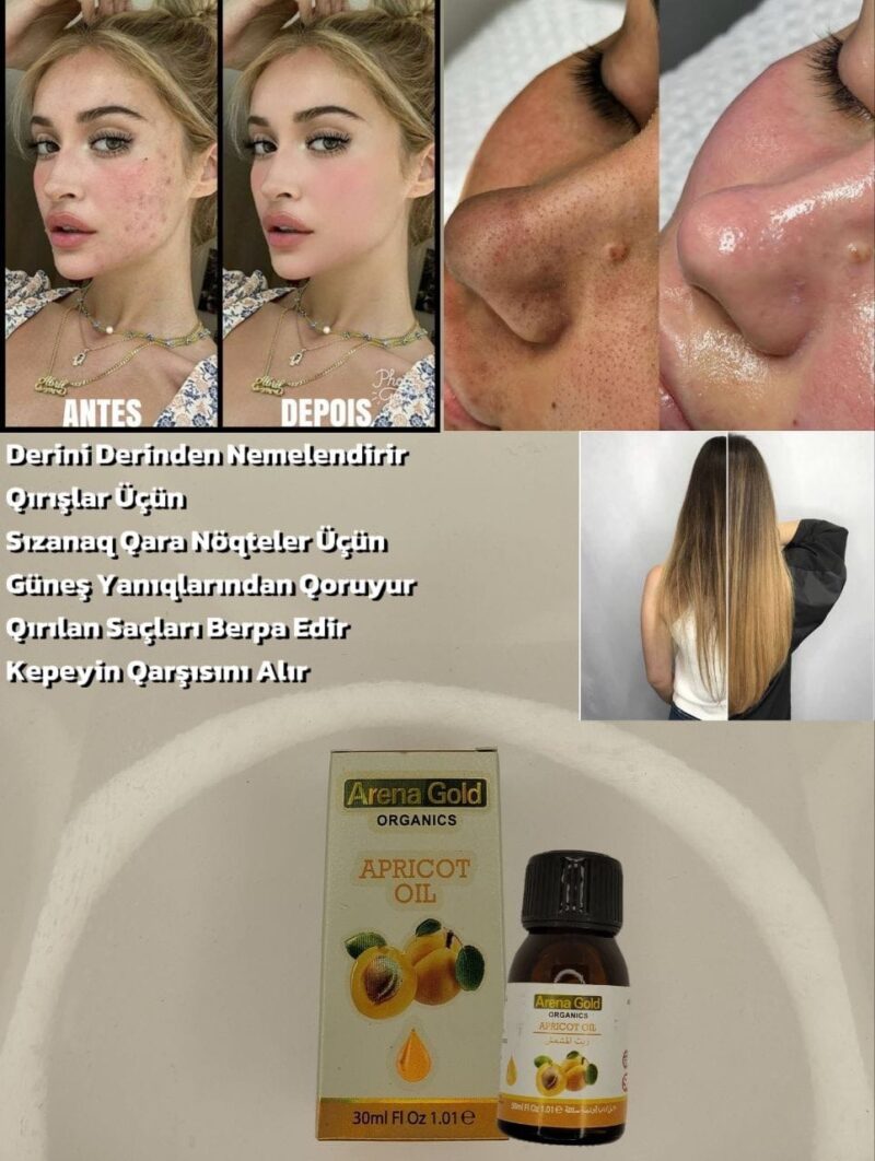 Arena Gold Apricot Oil, dərini nəmləndirən, qırışları azaldan və saçlara parıltı verən təbii Ərik yağı.