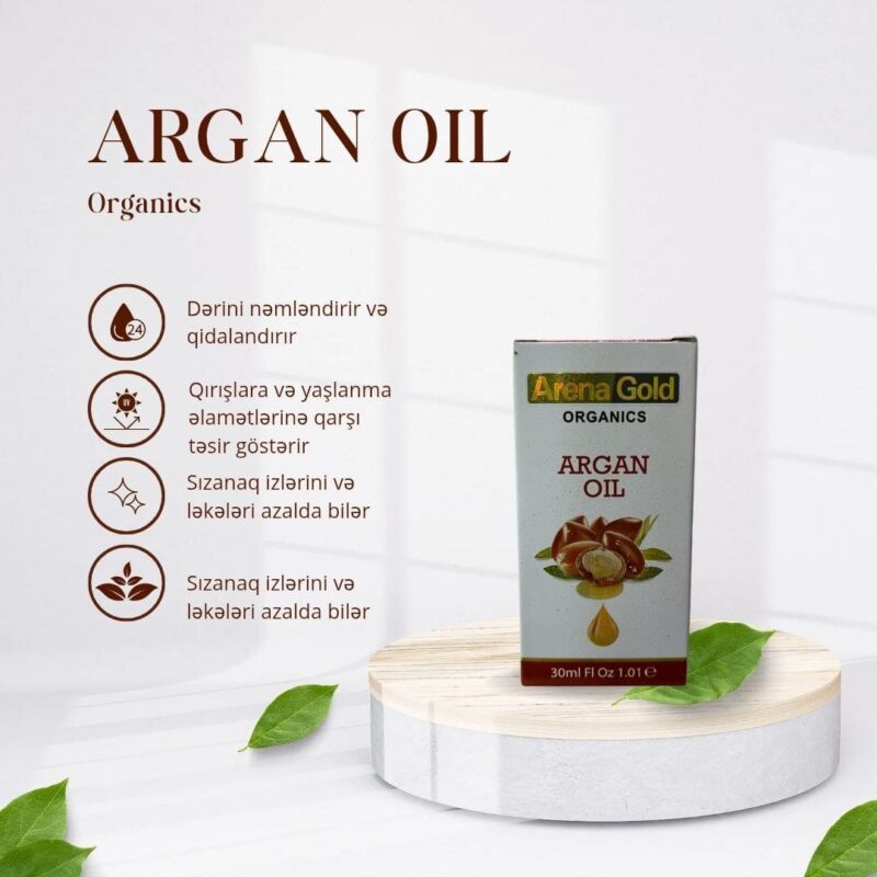 Arena Gold Arqan Yağı qablaşdırması, məhsulun təbii tərkibini və dərini nəmləndirərək, saçları gücləndirən və parıltı verən təsirlərini vurğulayan dizayn. Yağ şüşəsi və qutusunun yaşıl və qəhvəyi rəngləri ilə təbii və sağlam təsir göstərir.