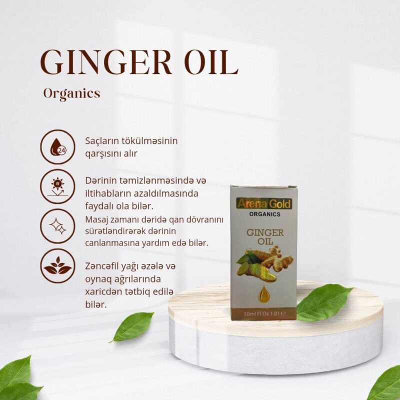 Arena Gold Ginger Oil qablaşdırması, məhsulun təbii zəncəfil tərkibini və saç tökülməsini azaldaraq, dərini gücləndirmə və masaj zamanı qan dövranını sürətləndirmə faydalarını vurğulayan dizayn. Yağ şüşəsi və qutusu təbii və sağlam təsir göstərən yaşıl və qəhvəyi rənglər ilə göstərilir.