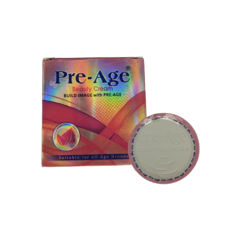 Pre-Age Beauty Cream qabı və kremi, dəriyə bərpaedici və nəmləndirici təsir göstərən, qırışlarla mübarizə aparan məhsulun şəkli Упаковка и крем Pre-Age Beauty Cream, продукт с увлажняющими и восстанавливающими свойствами, борется с морщинами и прыщами
